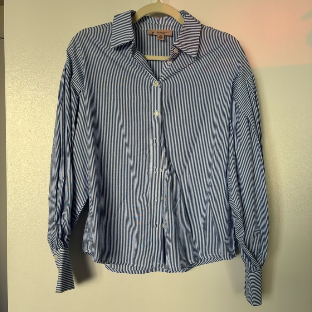 PHILOSOPHY Blue and White Striped Button Down Shirt